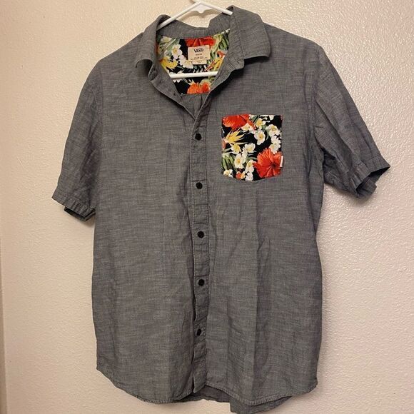 Vans Button Down Gray Hawaiian tropical print Pocket Short Sleeve Shirt -M - Picture 1 of 9